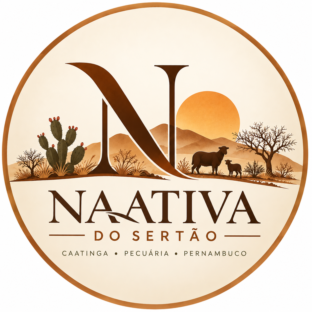 Logo da Naativa do Sertão: letra N, sol, palma, vegetação da Caatinga e ovelha com cordeiro